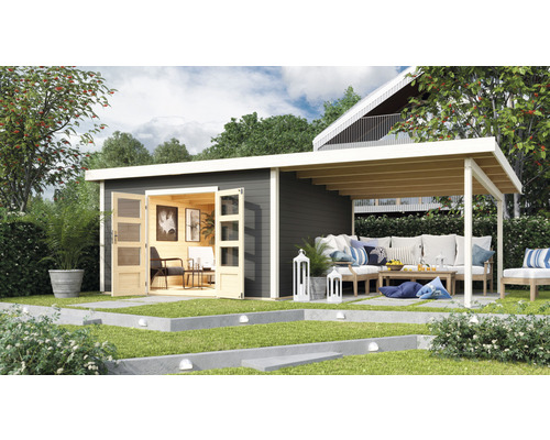 Abri de jardin Karibu Speyer 5 y compris extension de toit 3,3 m 664 x 369 cm gris terre cuite