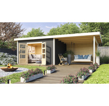 Gartenhaus mit Terrasse, Schaukel und Feuerstelle im Aussenbereich