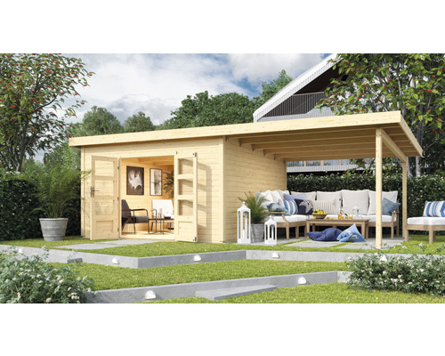 Abri de jardin Karibu Speyer 5 avec extension de toit 3,3 m 724 x 393 cm naturel Maison de jardin en bois avec terrasse couverte et mobilier de jardin sur pelouse