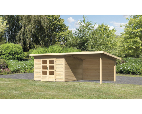 Gartenhaus Karibu Speyer 3 inkl. Anbaudach 3,3 m und Rückwand 604 x 309 cm natur