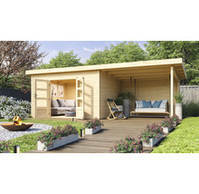 Gartenhaus Karibu Speyer 4 inkl. Anbaudach 3,3 m und Rückwand 724 x 331,5 cm natur