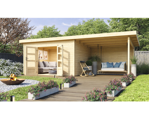 Abri de jardin Karibu Speyer 4 avec extension de toit 3,3 m et paroi arrière 724 x 331,5 cm naturel Abri de jardin Karibu Speyer 4 avec extension de toit 3,3 m et paroi arrière 724 x 331,5 cm naturel
