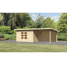Gartenhaus Karibu Speyer 4 inkl. Anbaudach 3,3 m und Rückwand 724 x 331,5 cm natur