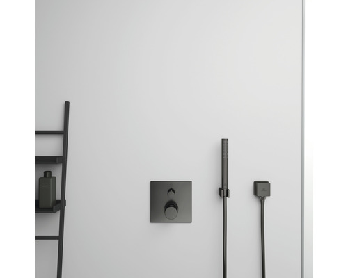 Wandmontierte Duscharmatur mit Handbrause und Ablage im Badezimmer.