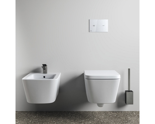 Salle de bains moderne avec bidet, WC suspendu, plaque de commande et brosse WC