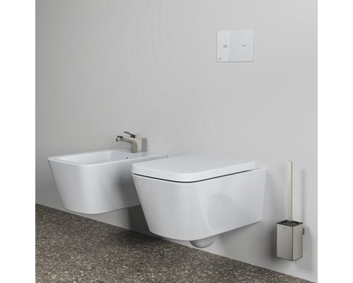 WC et bidet suspendus avec plaque de commande et brosse de toilette dans une salle de bains.