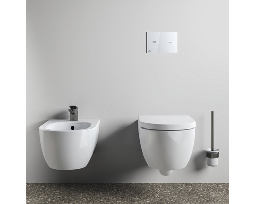 Aménagement de salle de bains avec bidet suspendu, WC, plaque de commande et garniture de brosse de toilette