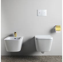 Salle de bains moderne avec bidet mural, WC suspendu, plaque de commande et support papier toilette