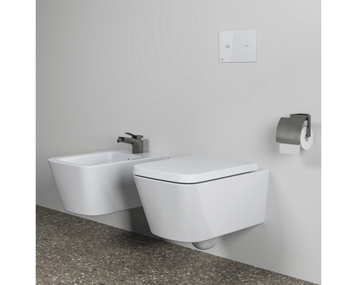 Wandhängendes WC und Bidet im Badezimmer mit Betätigungsplatte und Toilettenpapierhalter