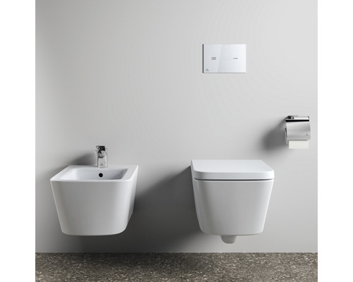 Wandhängendes Bidet und Toilette mit Betätigungsplatte und Toilettenpapierhalter im Badezimmer.