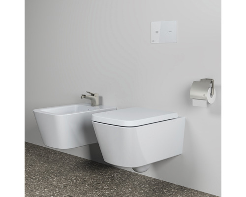 WC suspendu à fond creux avec bidet, plaque de commande et porte-papier toilette dans la salle de bain.