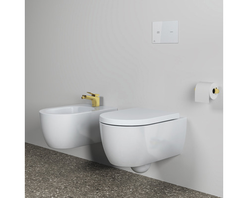 Wandhängendes WC und Bidet mit goldener Armatur in einem modernen Badezimmer.