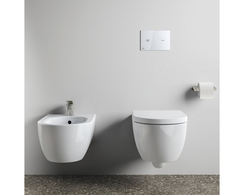 Hängendes Bidet und Toilette mit Betätigungsplatte und Toilettenpapierhalter in einem Badezimmer