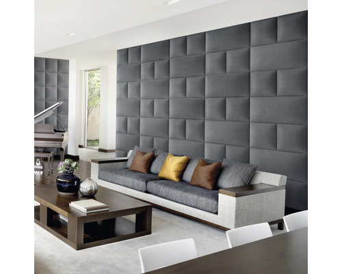 Coussin mural Kingston gris aspect tissé 30 x 60 cm Salon avec panneaux acoustiques gris au mur, canapé et table basse