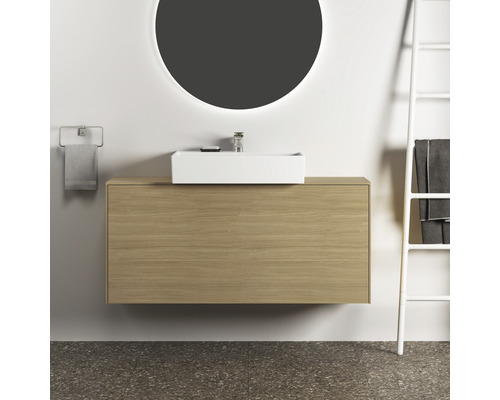 Modernes Badezimmer mit Waschtischunterschrank, Aufsatzwaschbecken und rundem Spiegel