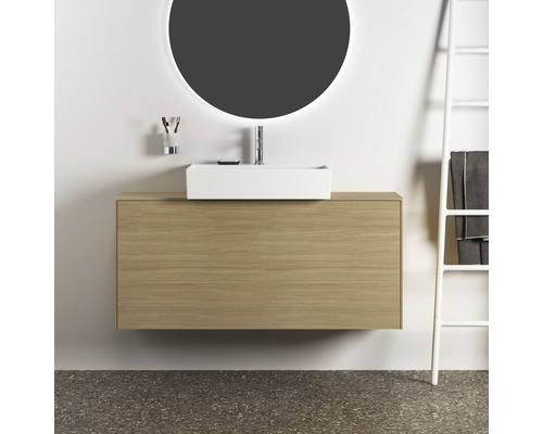 Salle de bain moderne avec meuble sous-lavabo, vasque à poser et miroir rond