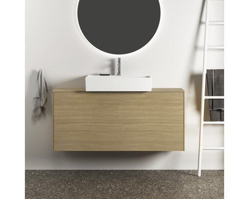 Salle de bains avec meuble sous-lavabo, vasque à poser, miroir et échelle à serviettes