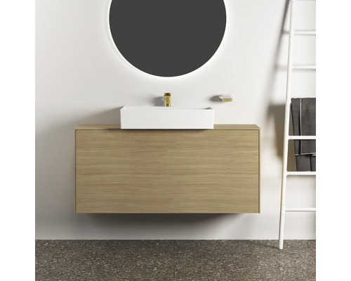 Salle de bains moderne avec meuble sous-lavabo, vasque à poser et miroir rond