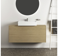 Salle de bains moderne avec meuble sous-lavabo, vasque à poser, miroir et échelle à serviettes