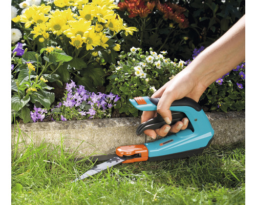 Person schneidet Rasen mit einer Gardena Akku-Grasschere vor einem Blumenbeet.