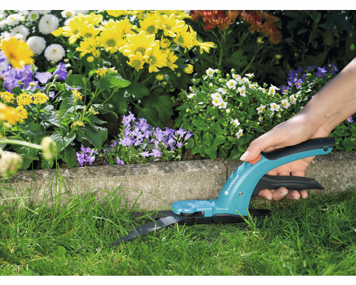 Gartenszene mit Rasenkantenschere im Einsatz vor Blumenbeet