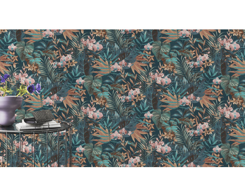 Papier peint avec motif tropical de feuilles et de fleurs