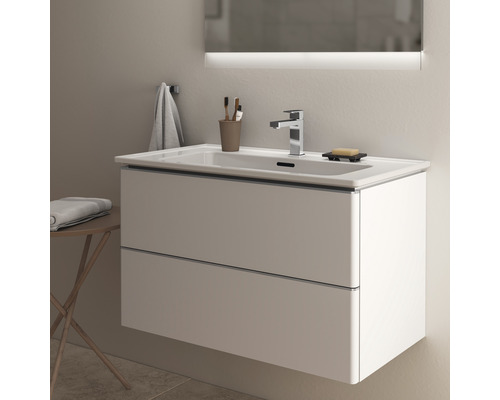 Badezimmerwaschtisch mit zwei Schubladen, Armatur und Spiegel