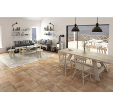 Wohnzimmer mit Holzboden, Sofa und Esstisch