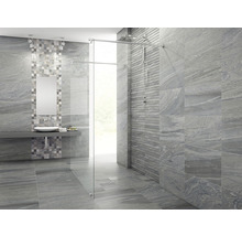 Salle de bains moderne avec carrelage gris et cabine de douche