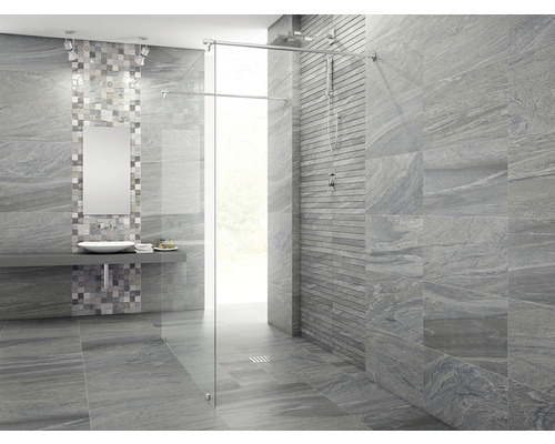 Salle de bains moderne avec carrelage gris et cabine de douche