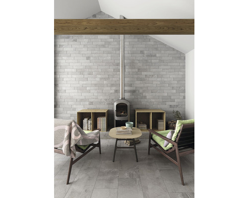 Salon avec poêle à bois, mur en briques et poutres en bois