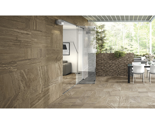 Terrasse et intérieur avec carrelage de sol aspect bois