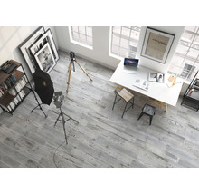 Interieuransicht eines Studios mit Fotoausrüstung, Schreibtisch, Regalen und grauem Holzboden