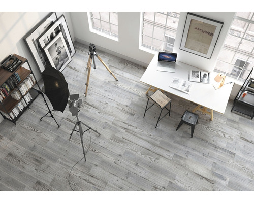 Interieuransicht eines Studios mit Fotoausrüstung, Schreibtisch, Regalen und grauem Holzboden