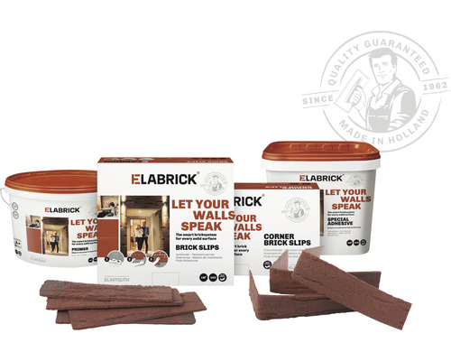 Assortiment de produits Elabrick avec plaquettes de parement, primaire et colle spéciale