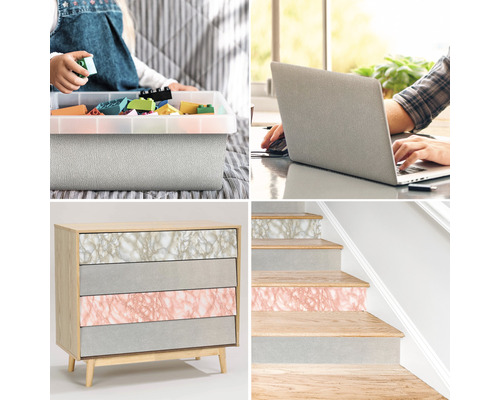 Anwendungsbeispiele für Dekorfolie: Spielzeugbox, Laptop, Kommode und Treppe