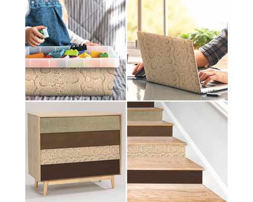 Collage de différentes utilisations du film décoratif : coffre à jouets, ordinateur portable, commode et escalier