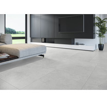 Salon lumineux avec canapé moderne, télévision à écran plat et carrelage