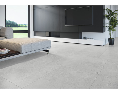 Salon lumineux avec canapé moderne, télévision à écran plat et carrelage