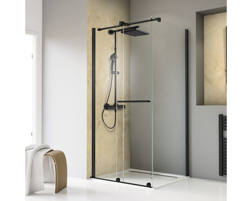 Porte de douche avec paroi latérale avec porte coulissante SCHULTE TouraPlus ExpressPlus 120 x 80 cm couleur du profilé noir décor de vitre verre transparent avec verre antitache butée de porte à gauche poignée barre