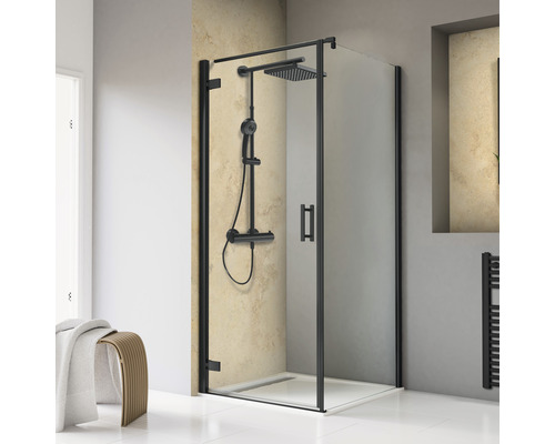 Porte de douche avec paroi latérale SCHULTE ExpressPlus TouraPlus 80 x 80 cm couleur de profilé noir verre transparent avec revêtement de vitrage résistant à la saleté