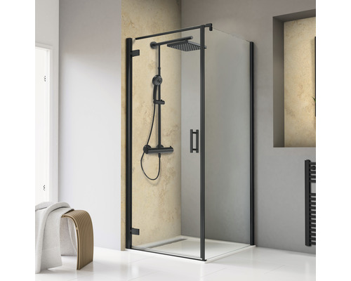 Porte de douche avec paroi latérale avec porte battante SCHULTE TouraPlus ExpressPlus 80 x 80 cm couleur du profilé noir décor de vitre verre transparent avec verre antitache butée de porte à gauche poignée barre