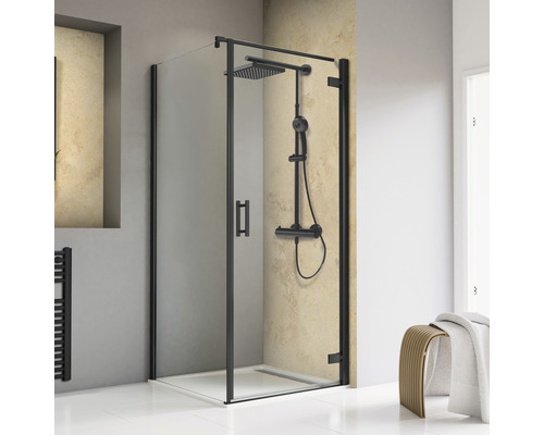 Porte de douche avec paroi latérale avec porte battante SCHULTE TouraPlus ExpressPlus 80 x 80 cm couleur du profilé noir décor de vitre verre transparent avec verre antitache butée de porte à droite poignée barre