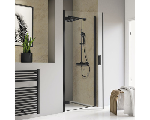 Porte de douche dans niche avec porte battante SCHULTE TouraPlus ExpressPlus 90 cm couleur du profilé noir décor de vitre verre transparent avec verre antitache butée de porte à gauche poignée barre