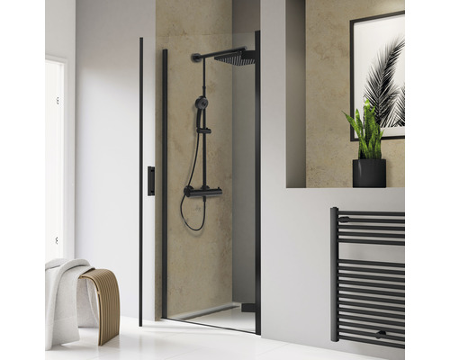 Porte de douche dans niche avec porte battante SCHULTE TouraPlus ExpressPlus 80 cm couleur du profilé noir décor de vitre verre transparent avec verre antitache butée de porte à droite poignée barre