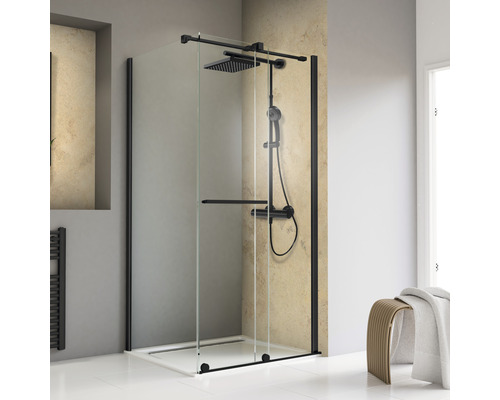 Porte de douche avec paroi latérale avec porte coulissante SCHULTE TouraPlus ExpressPlus 90 x 120 cm couleur du profilé noir décor de vitre verre transparent avec verre antitache butée de porte à droite poignée barre