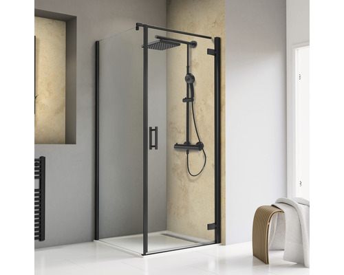 Porte de douche avec paroi latérale avec porte battante SCHULTE TouraPlus ExpressPlus 90 x 90 cm couleur du profilé noir décor de vitre verre transparent avec verre antitache butée de porte à droite poignée barre Cabine de douche avec cadre noir et robinetterie de douche
