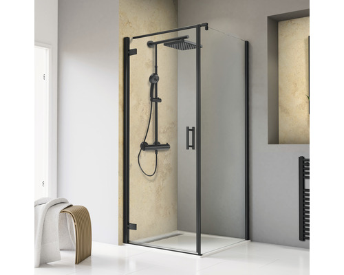 Porte de douche avec paroi latérale avec porte battante SCHULTE TouraPlus ExpressPlus 90 x 90 cm couleur du profilé noir décor de vitre verre transparent avec verre antitache butée de porte à gauche poignée barre