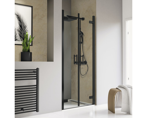 Porte de douche dans niche avec porte battante SCHULTE TouraPlus ExpressPlus 90 cm couleur du profilé noir décor de vitre verre transparent avec verre antitache poignée barre