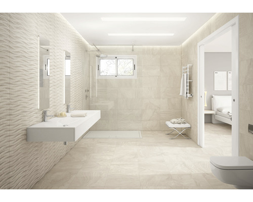 Salle de bain lumineuse avec lavabo, douche et carrelage